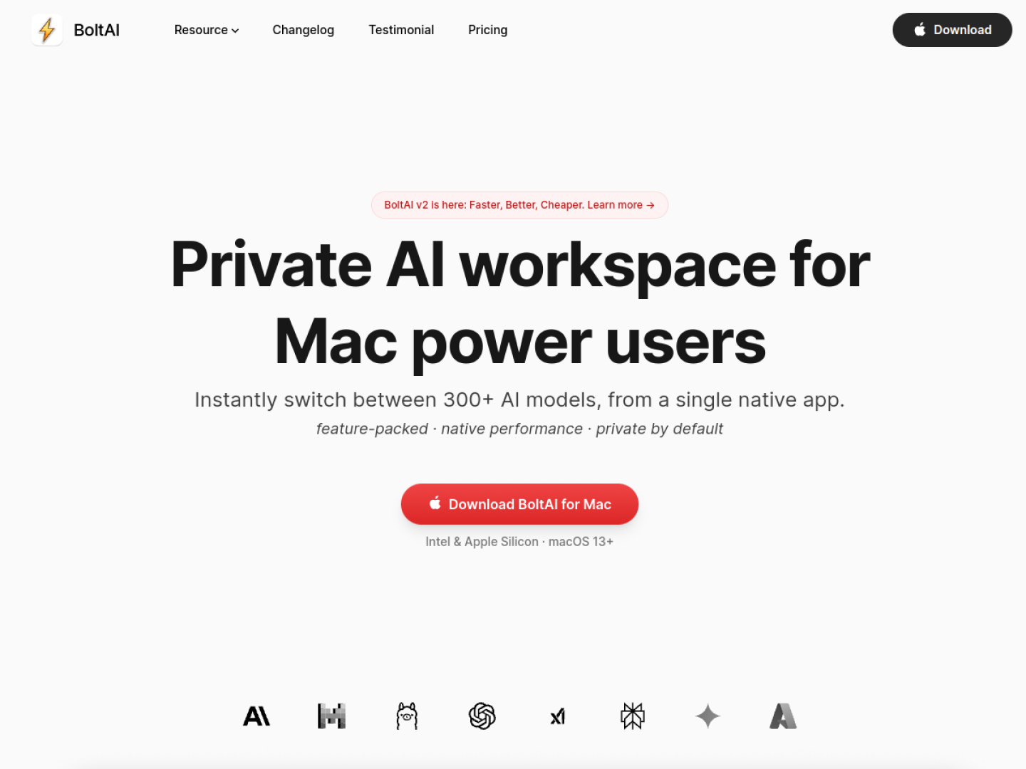 BoltAI official website showing its native multi-model AI workspace for Mac