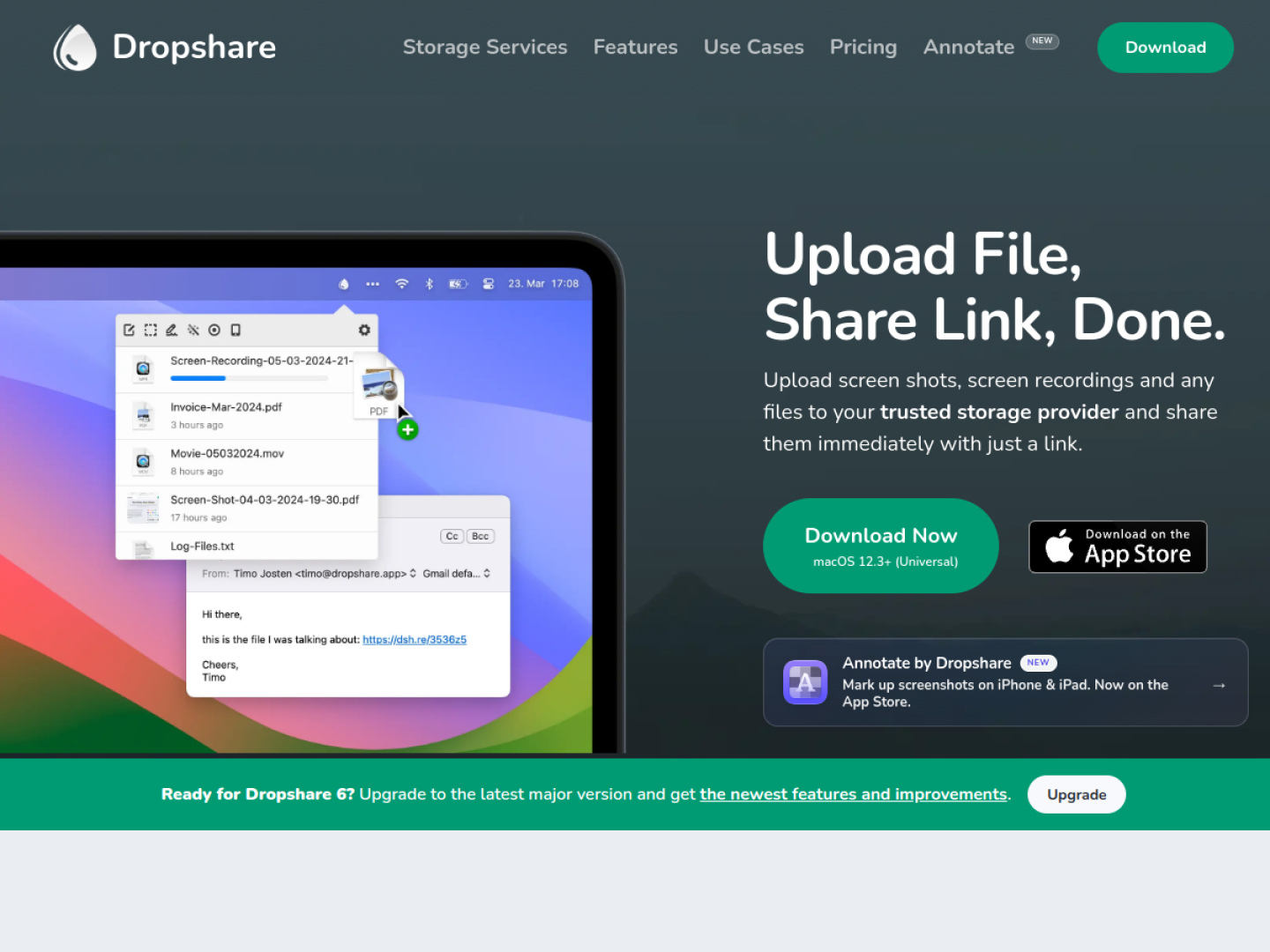 Dropshare official website showing its upload-file and share-link workflow