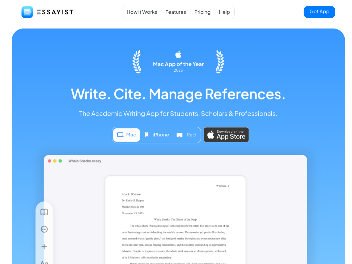 Essayist showing an academic paper with formatted citations, references, and document controls