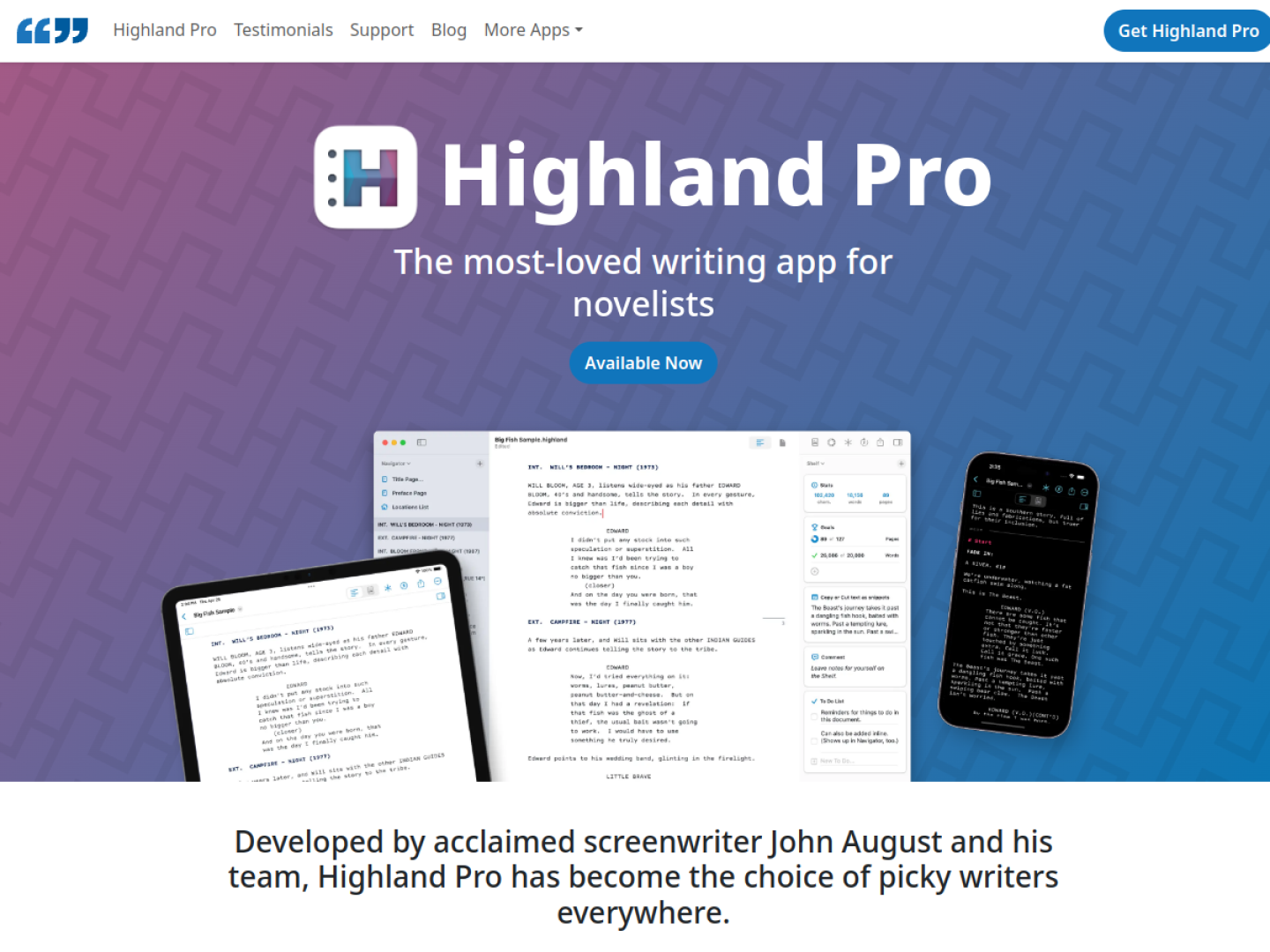 Highland Pro displaying a screenplay draft with its clean writing interface and navigation tools