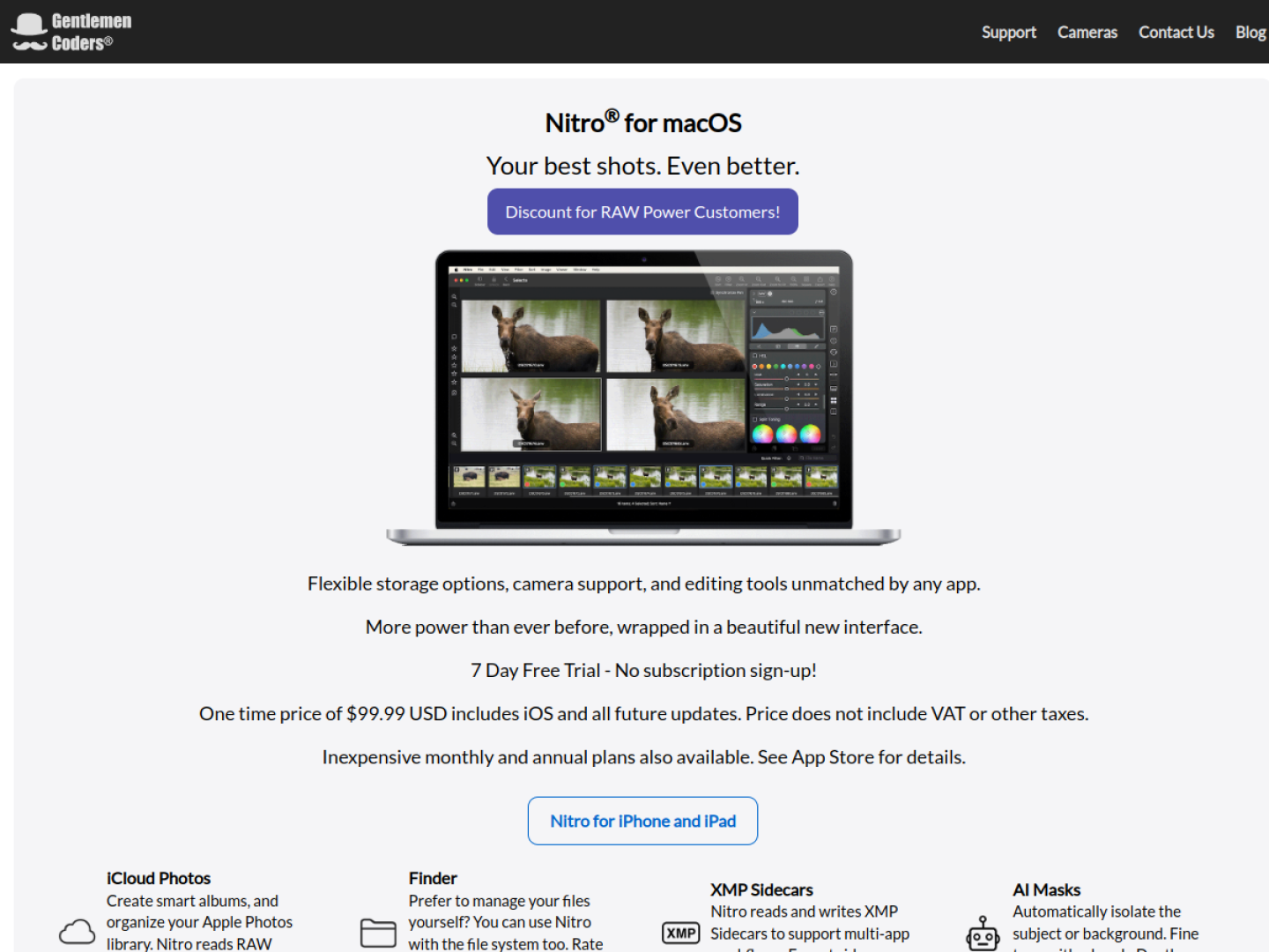 Nitro Photo showing a RAW photograph with adjustment panels, masks, and image-browser controls