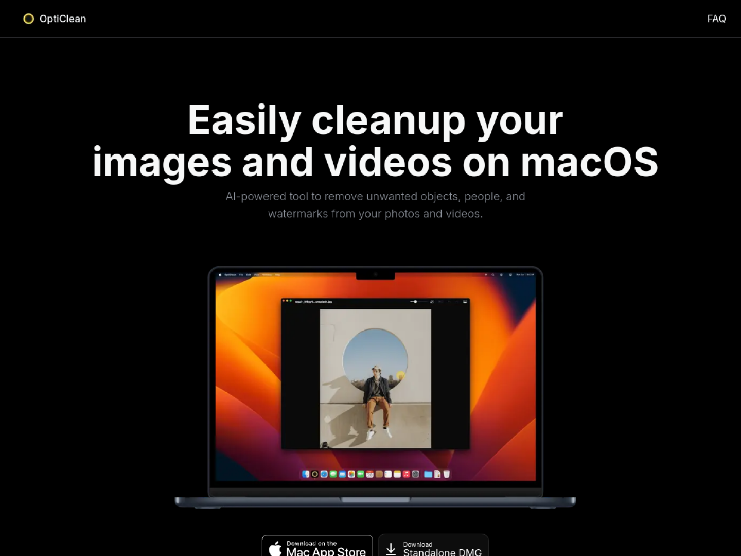 OptiClean official website showing unwanted-object cleanup on macOS