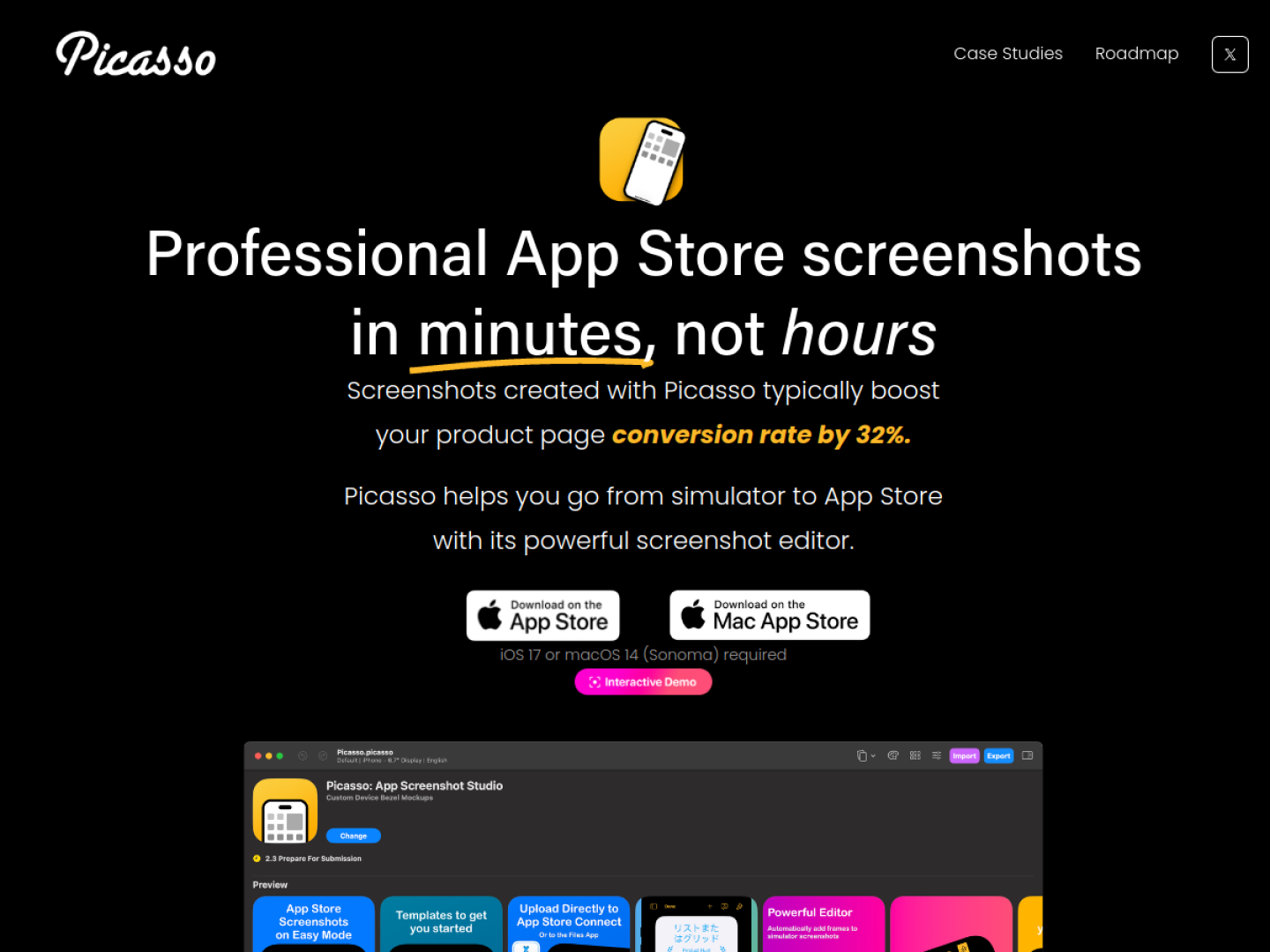 Picasso official website showing its App Store screenshot editor and device-frame workflow
