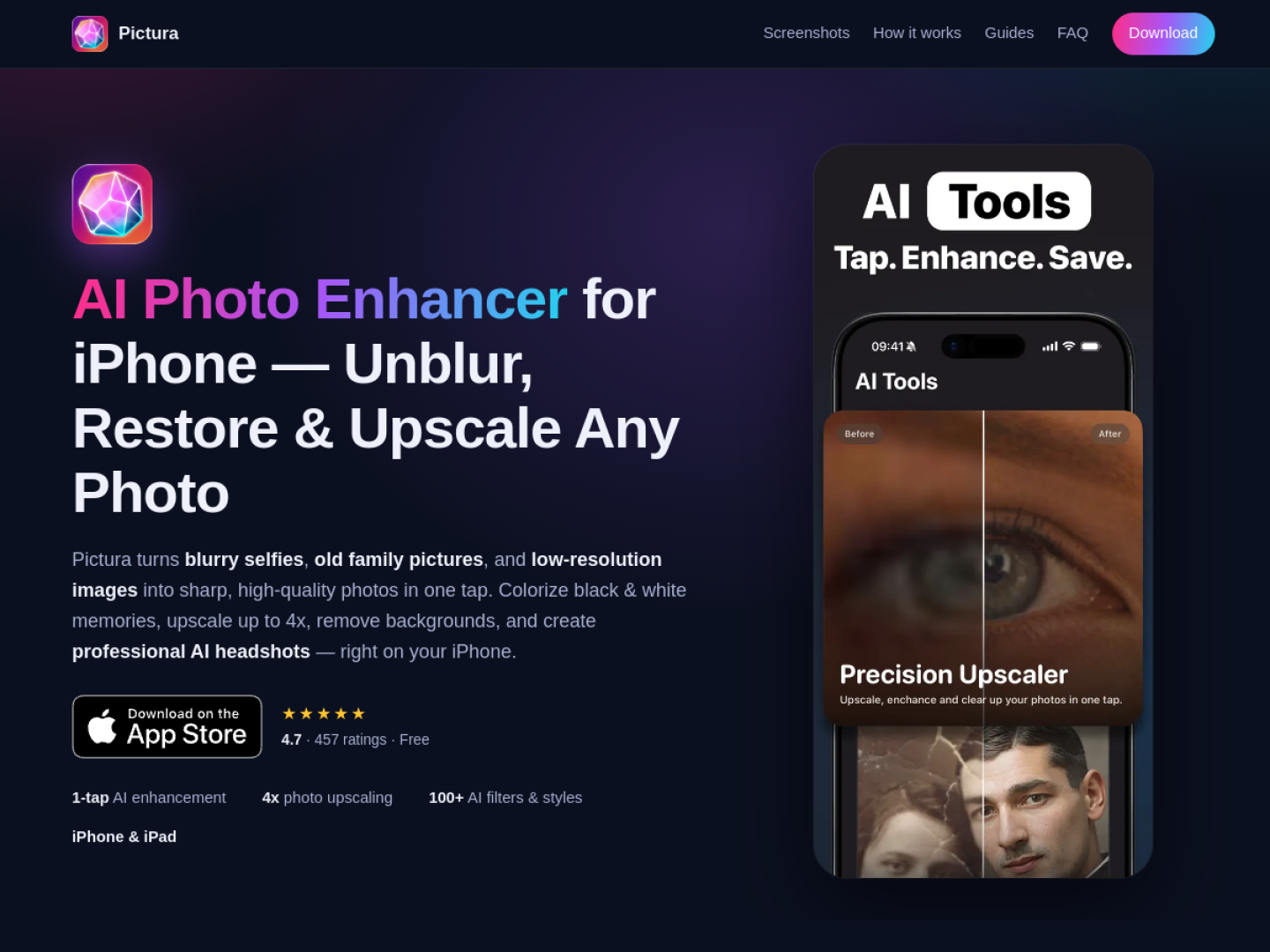 Pictura official website showing AI photo enhancement before and after examples