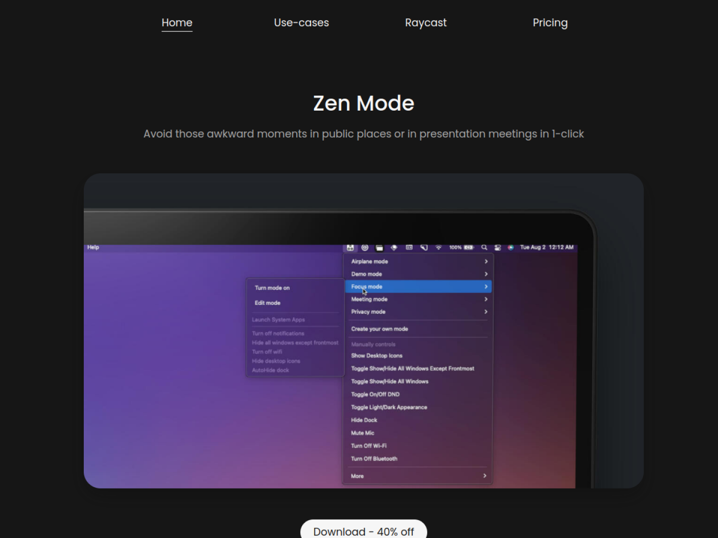 Zen Mode official website showing customizable macOS presentation and focus modes