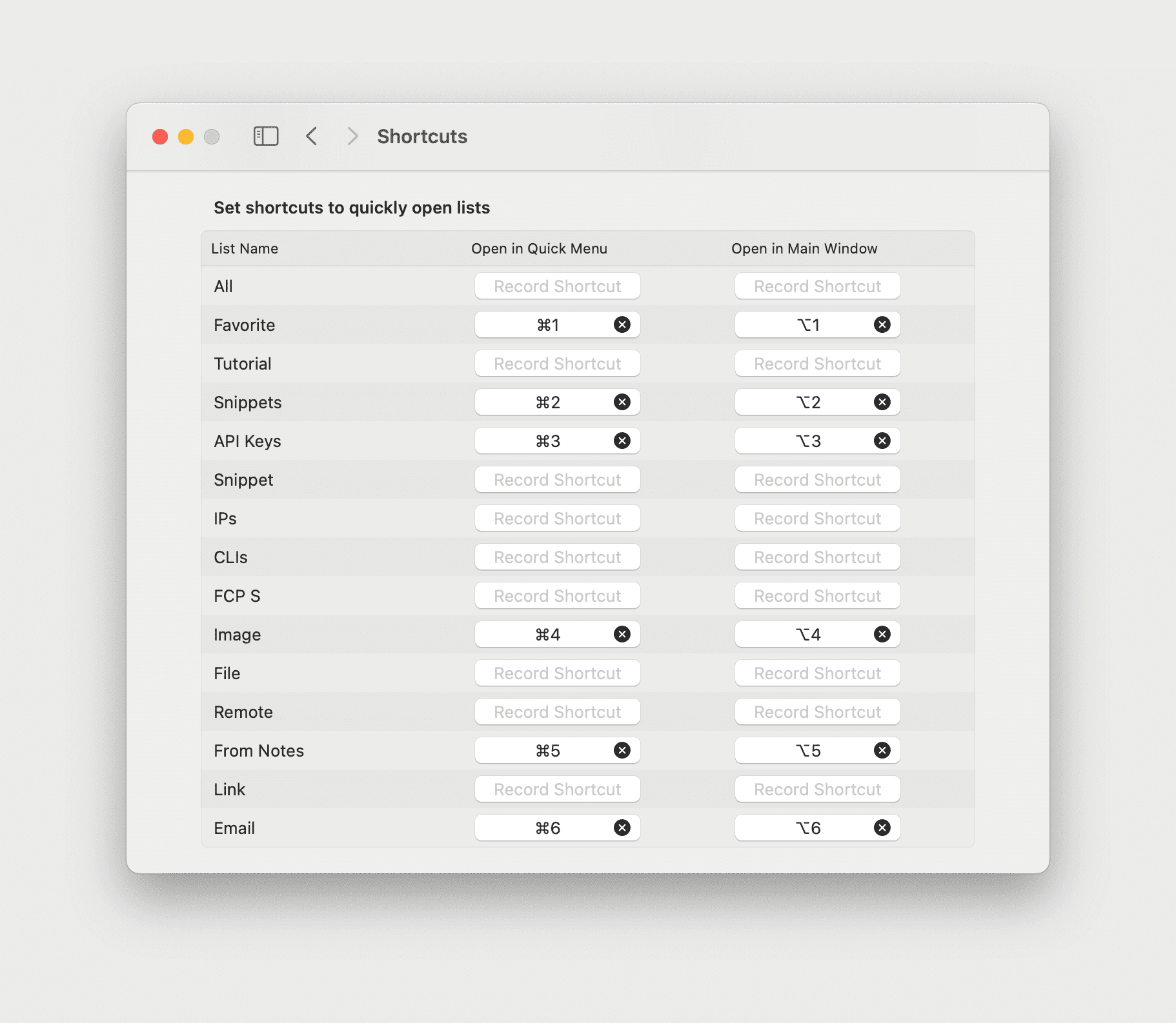 CleanClip List Shortcuts Settings